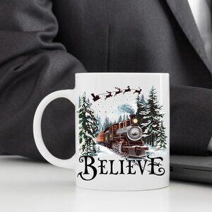 🎄 Believe North Pole Train Christmas Mug – Festive Holiday Scene 11oz Ceramic
